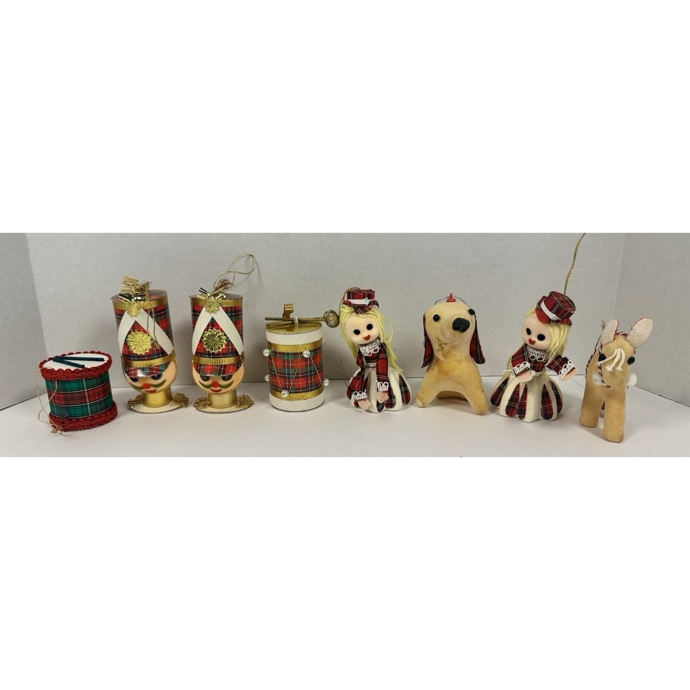 Vtg Christmas Ornament Lot Made in Japan Tartan Plaid Drummer Horse Girl Kitschy